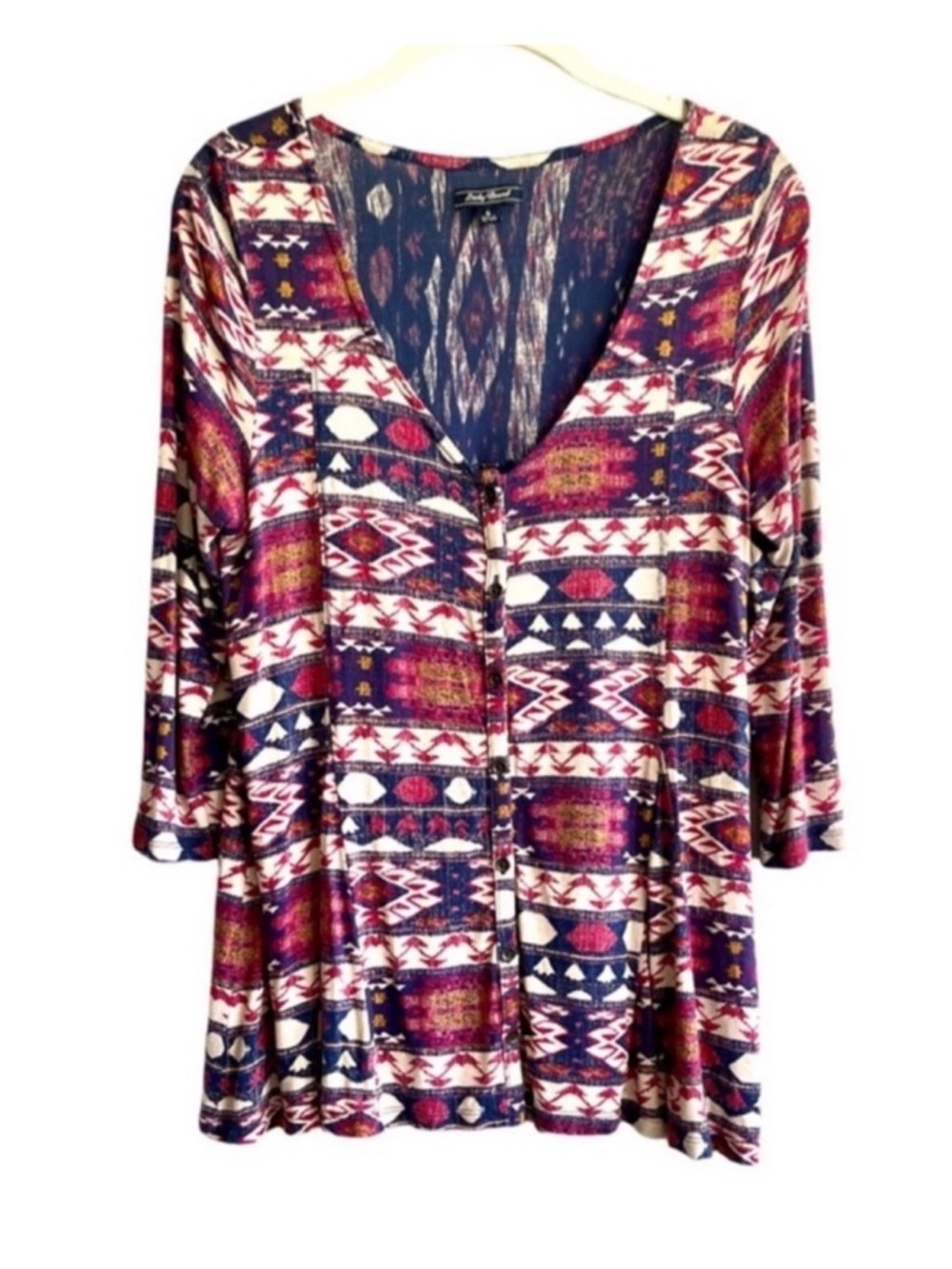 Lucky Brand Button Down Blouse Deep V Neckline Aztec Print Blue Red Multi Size S